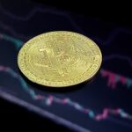 비트코인 ETF 순유출 속 시세 차트 위에 놓인 비트코인 실물 모형. 자료사진